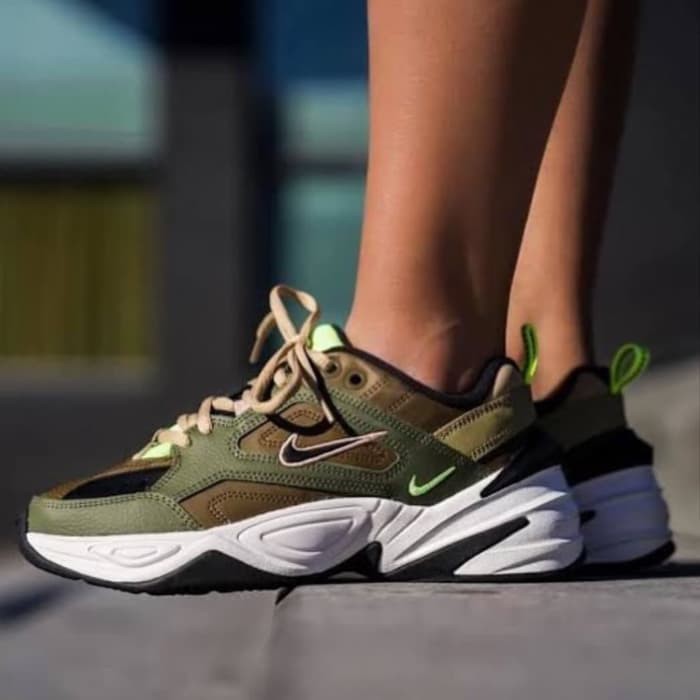 nike m2k tekno trainers in black white and green