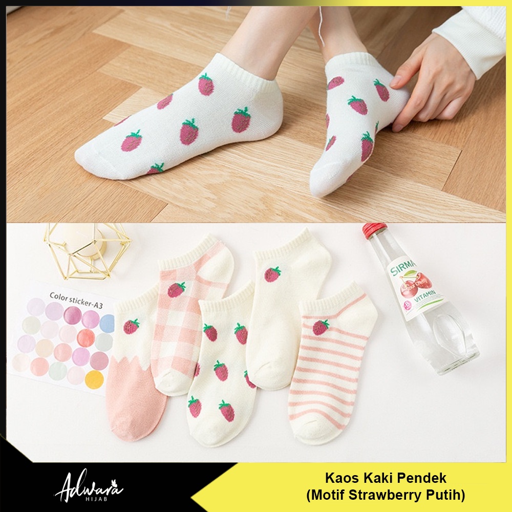 Kaos Kaki Pendek Wanita Semata Kaki Motif Strawberry Pink Cream Gaya Korea Terbaru