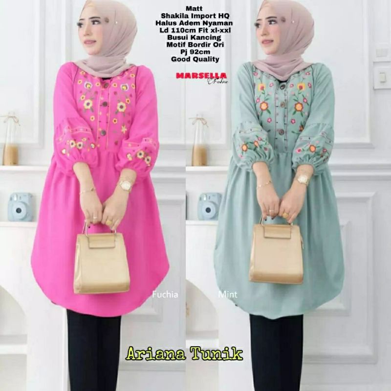 Ariana Tunik, TUNIK WANITA MUSLIM CANTIK FIT XXL LD 110 BAHAN SHAKILA IMPORT MIX BORDIR TERMURAH OOTD