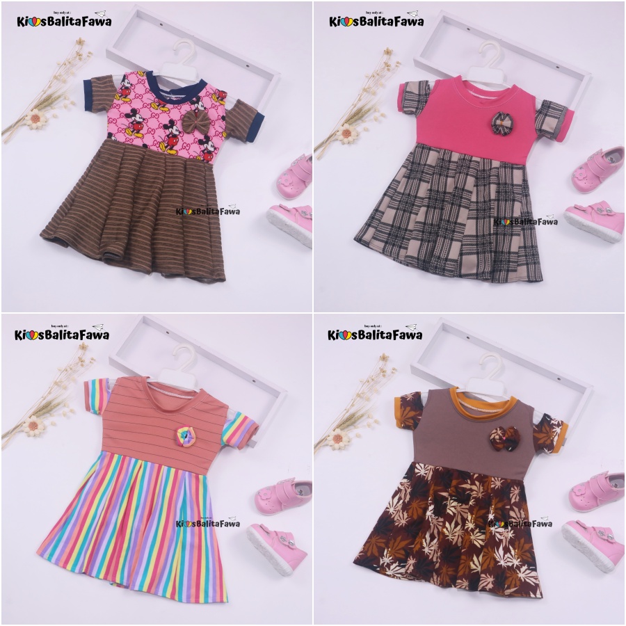 Dress Naura uk 1-2 Tahun / Balita Anak Perempuan Murah Dres Lengan Pesta Kaos Baju Motif Gaun Lucu