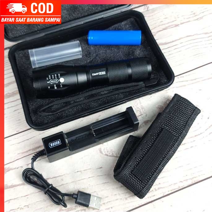 (100% BARANG ORI) TaffLED Paket Senter LED Flashlight Cree XM-P50+Baterai+Charger - E17