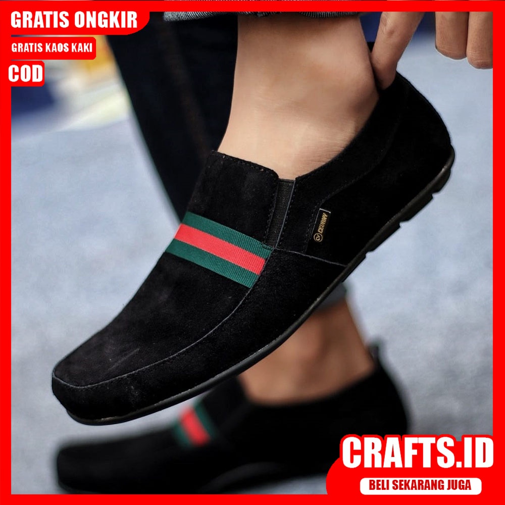 CRAFTS X YOMI Sepatu Slip on Pria Sepatu Pria Casual Kulit Asli Suede Sepatu Kerja Kantor Kondangan Cowo/Cowok Sepatu Kasual Santai Gaya Keren Kekinian Terbaru Murah Terlaris