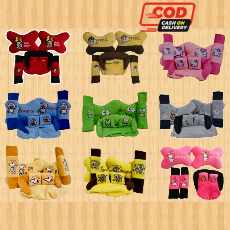 bantal leher mobil penyengga leher kartun 3in1 headrest car set karakter