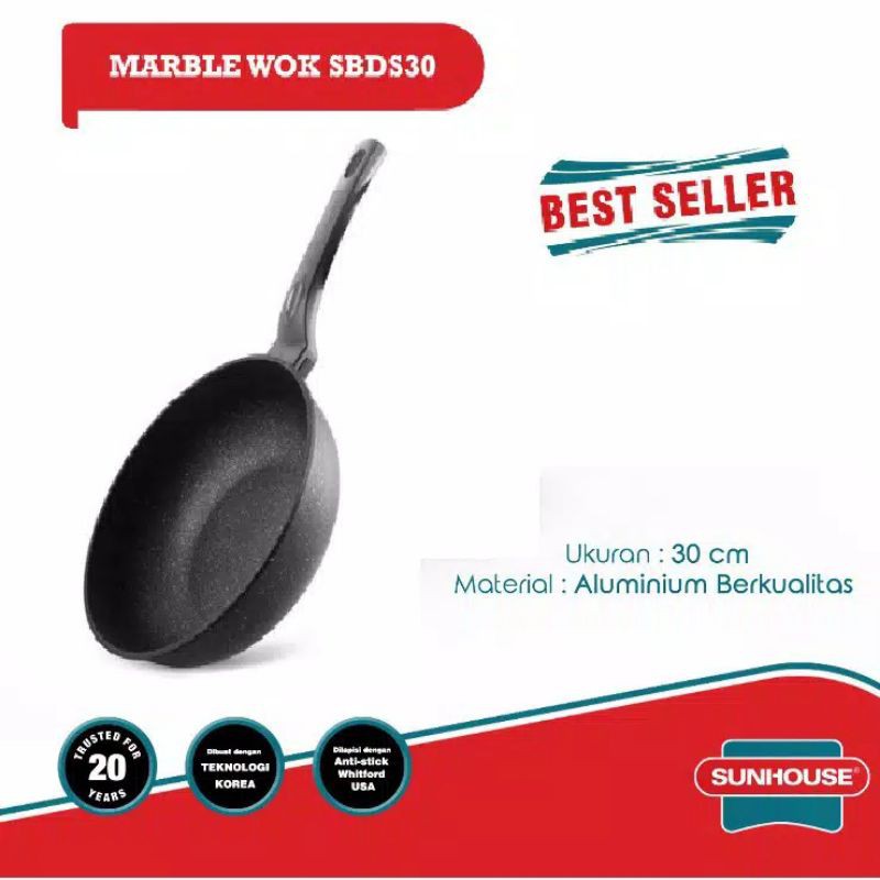 Sunhouse SBDS30 Marble Frying Pan Wok Anti Lengket Hitam 30 cm  batu granit