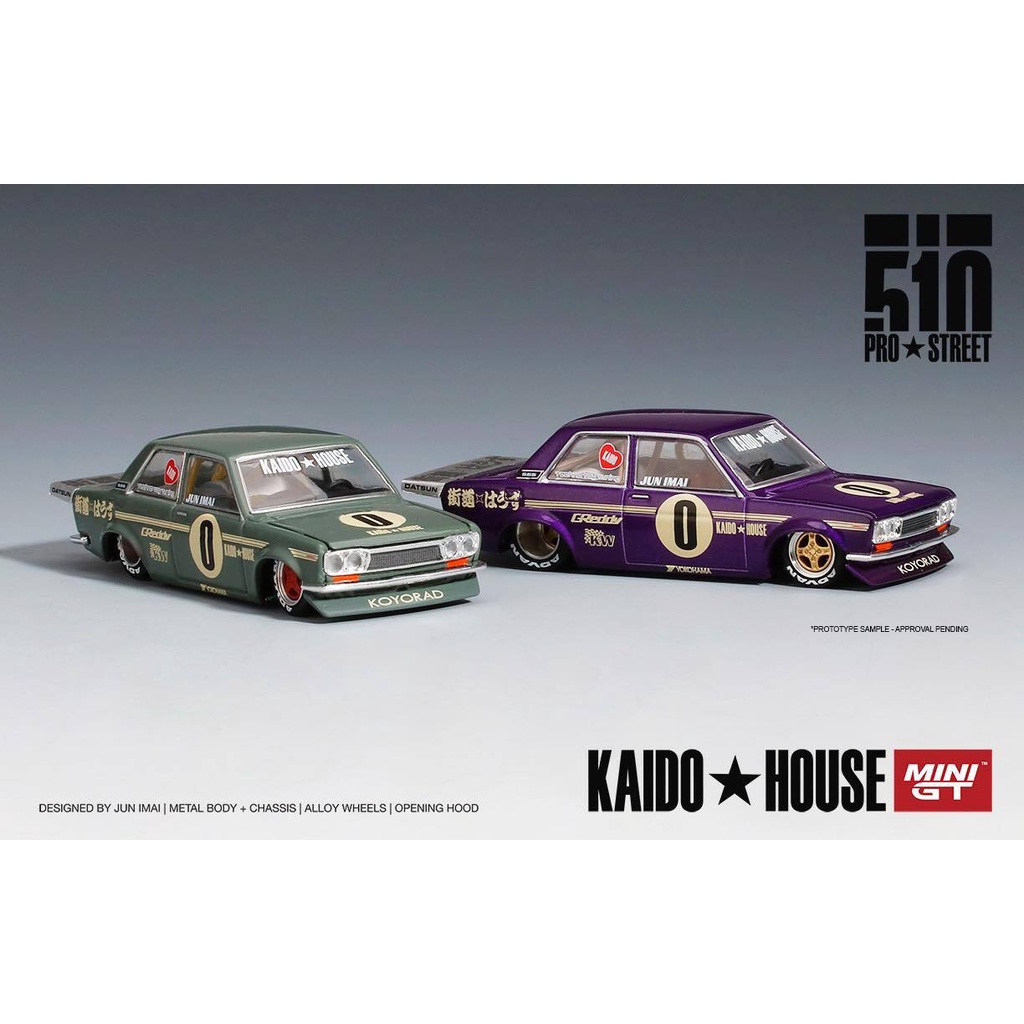Diecast Mini GT Kaido House Datsun 510 Pro Street Green OG 001 002 005 006 Greddy Ungu Hijau Purple Green MGKH001 Designed By Jun Imai Metal Body Chassis Alloy Wheels Opening Hood