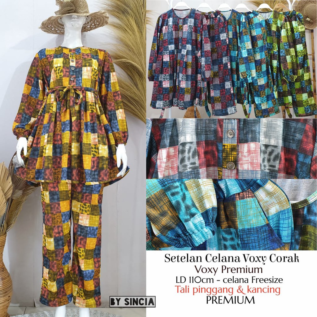 Setelan tunik tali pinggang kancing + celana motif kotak bahan voxy merk sincia