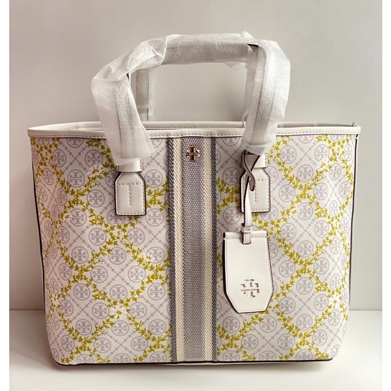 Tory Burch T Monogram Canvas Small Tote Bag Floral Ivory Monogram Vine