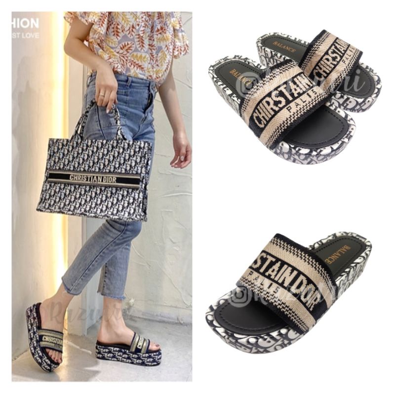 Sandal Wedges Slide Wanita Cristian Dior Import Balance 1239-1B Ala Korea Sendal Cewek Hak Tinggi