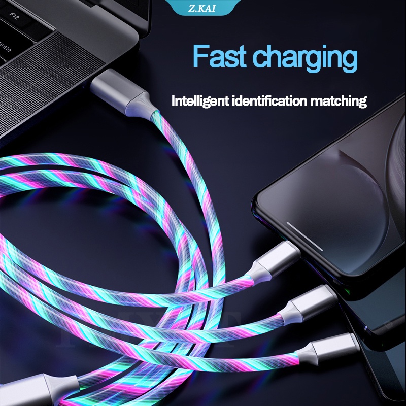 3in1 Kabel Data / Charger Micro USB / Type C 1.2M Fast Charging Dengan Lampu LED Untuk Iphone / Samsung