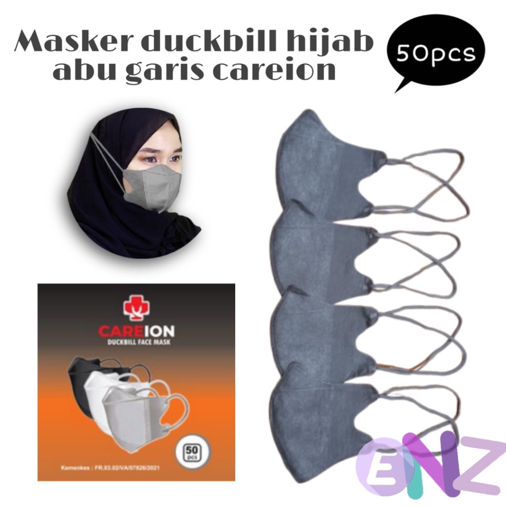 ENZ ® Masker Duckbill Hijab CAREION 3 Ply Masker Duckbill CAREION Headloop Masker Hijab Duckbill Earlop isi 50pcs 1029