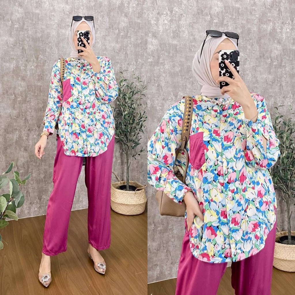 Keysa Set - One Set Wanita Kemeja Rayon Premium Setelan Baju Lengan 7/8 Set Celana Panjang Kekinian LD 110 cm