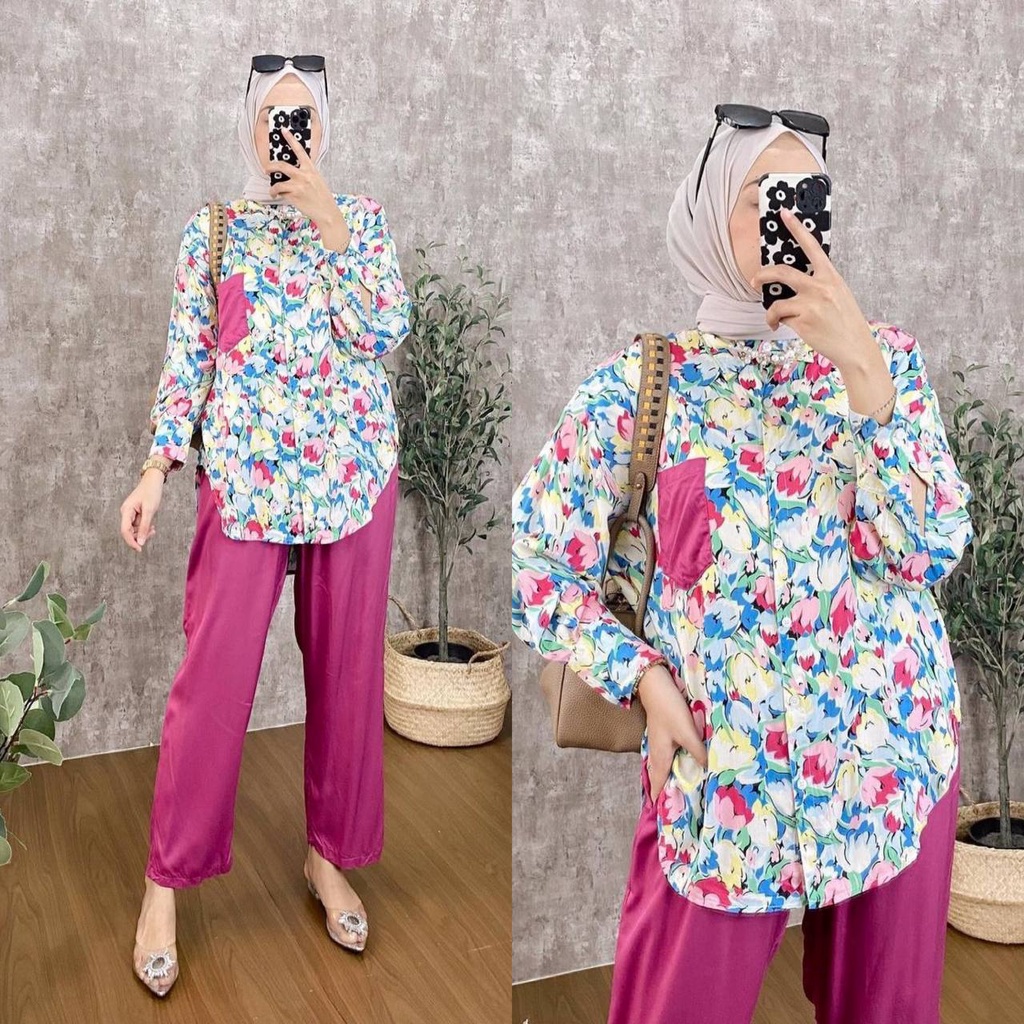 Keysa Set - One Set Wanita Kemeja Rayon Premium Setelan Baju Lengan 7/8 Set Celana Panjang Kekinian LD 110 cm