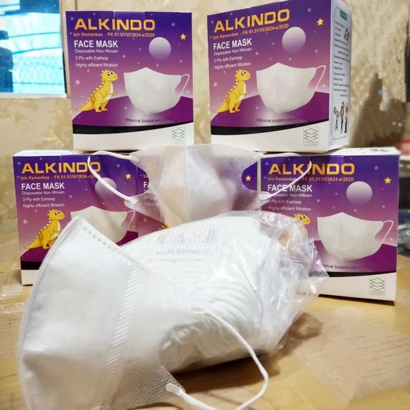 MASKER DUCKBILL ANAK 3PLY ISI 50 PCS ALKINDO MEDIS POLOS FACE MASK - Careindo 50 pcs