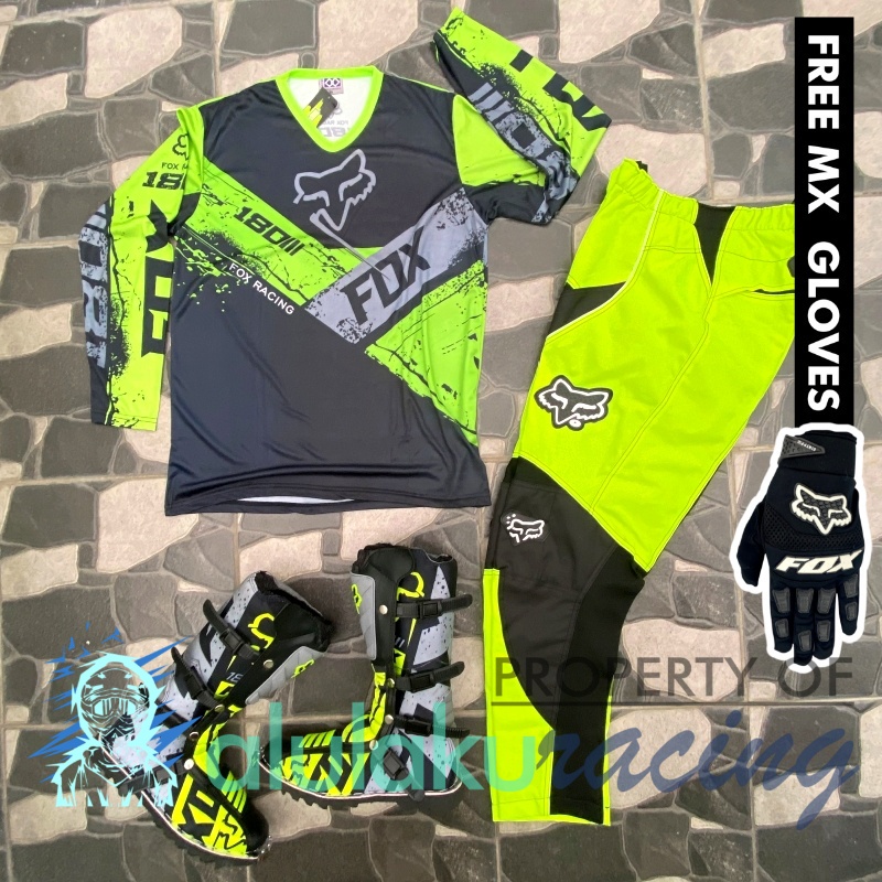 Jersey, Celana, Sarung Tangan &amp; Sepatu Fullprint with Protectors Fullset MX Trail Motocross - Paket Bundling FOCTFF160401-F41