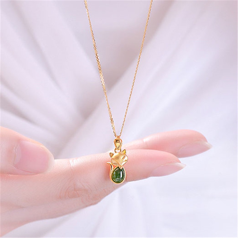 [Ready Stock]Fashion Gold Plated Emerald Fox Pendant Necklace
