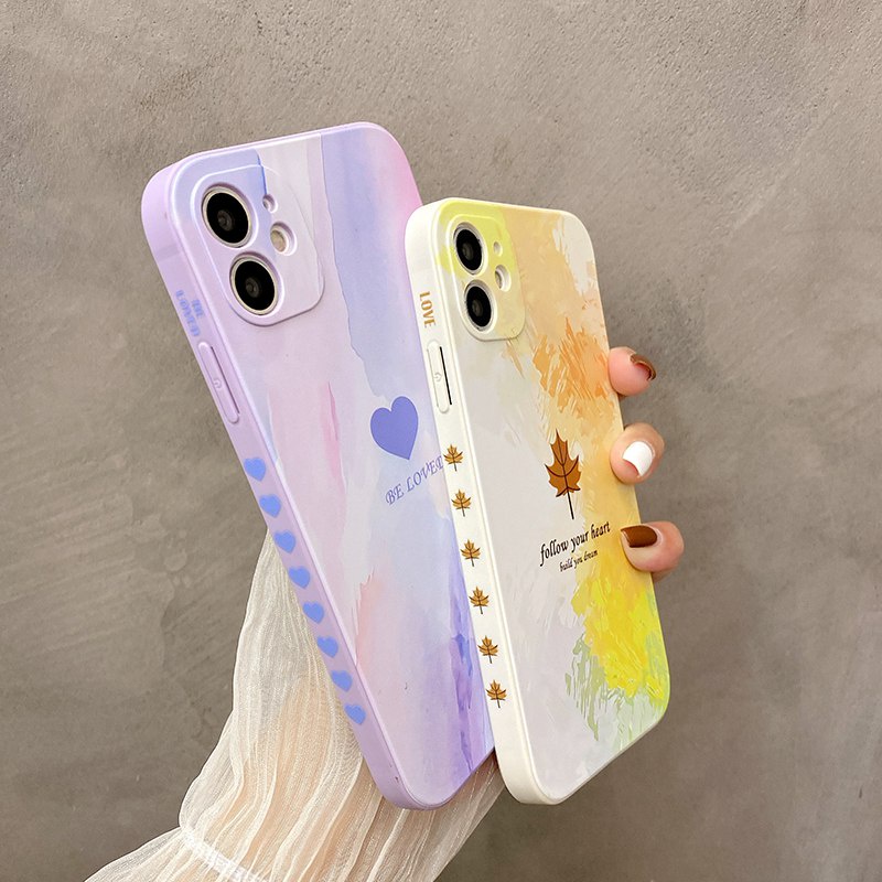 Original Design Oil painting love maple leaves Cube Case iPhone 6S 7 8 Plus XR XS Max ipHone 11 12 13 Pro Max Casing Cute Xiaomi Redmi 9A 9T nOTE 8 9 10 Pro Cartoon Back Protect Case