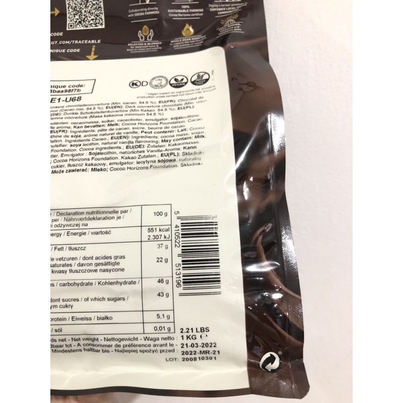 1 KG Chocolate Couverture Callebaut 54% / CALLEBAUT COUVERTURE 1 KG / KEMASAN ASLI