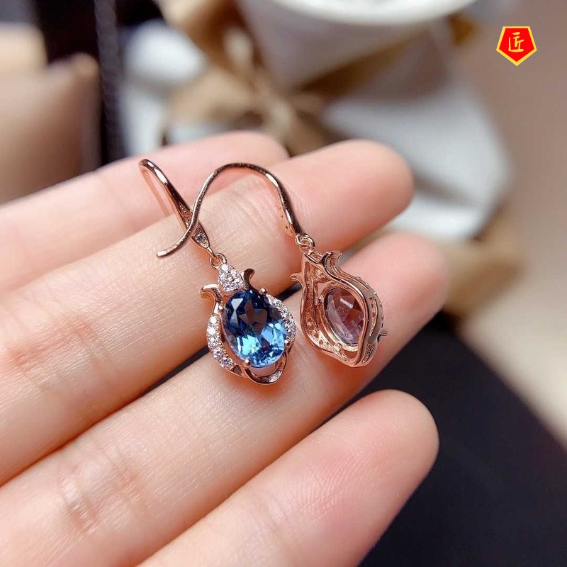 [Ready Stock]Natural Blue Topaz Earrings Female Pt950