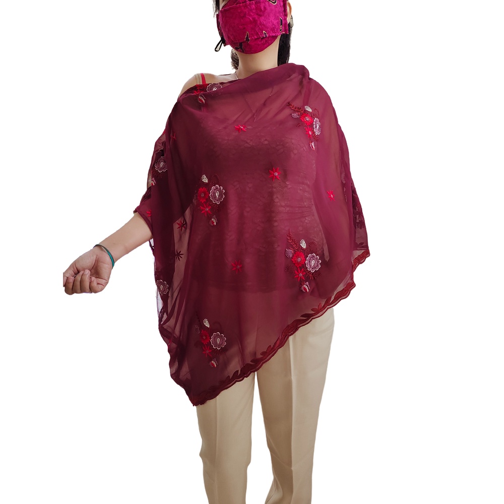 Atasan Tunik Polos Loose Big Size Asimetris Ponco Sifon Border Maron Gesyal