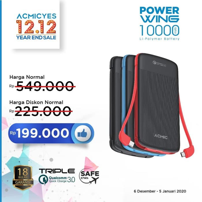 FAVORIT ACMIC Power Wing 10000mAh PowerBank with Triple Quick Charge 3.0 - Black Red