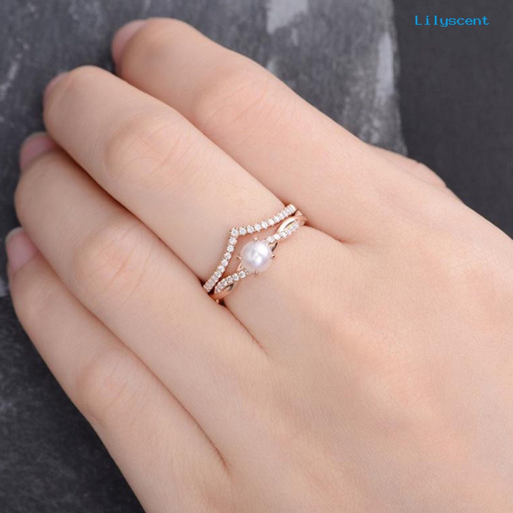 2pcs Cincin Jari Bentuk Twisted Aksen Mutiara Tiruan Untuk Wanita