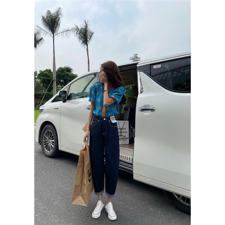 【 Penawaran Istimewa 】New Import Celana Panjang Boyfriend Jeans Wanita Highwaist Biru gelap