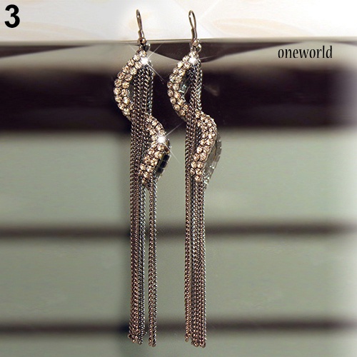 OW@ Women's Fashion S-Shape Long Tassels Rhinestone Hook Dangle Linear Earrings