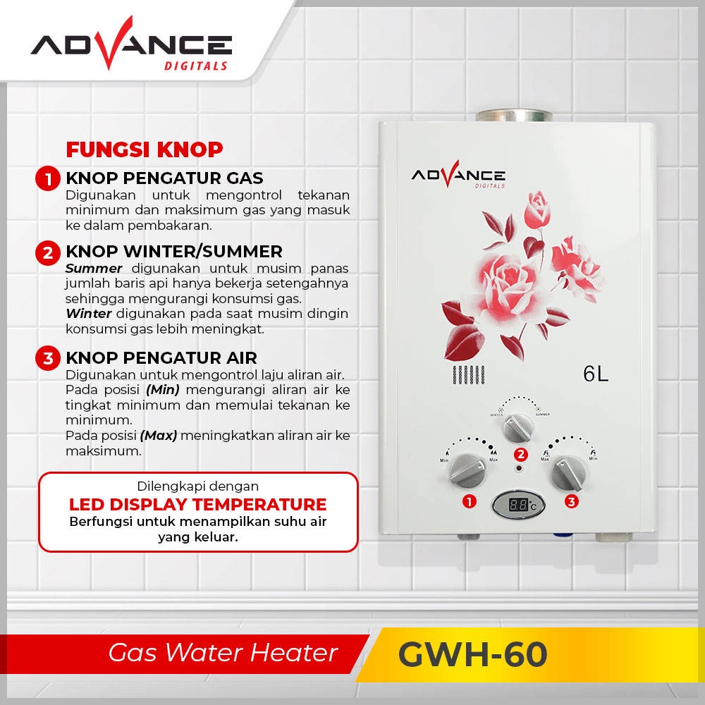 【Garansi 1 tahun】ADVANCE WATER HEATER GAS KAPASITAS 6 LITER