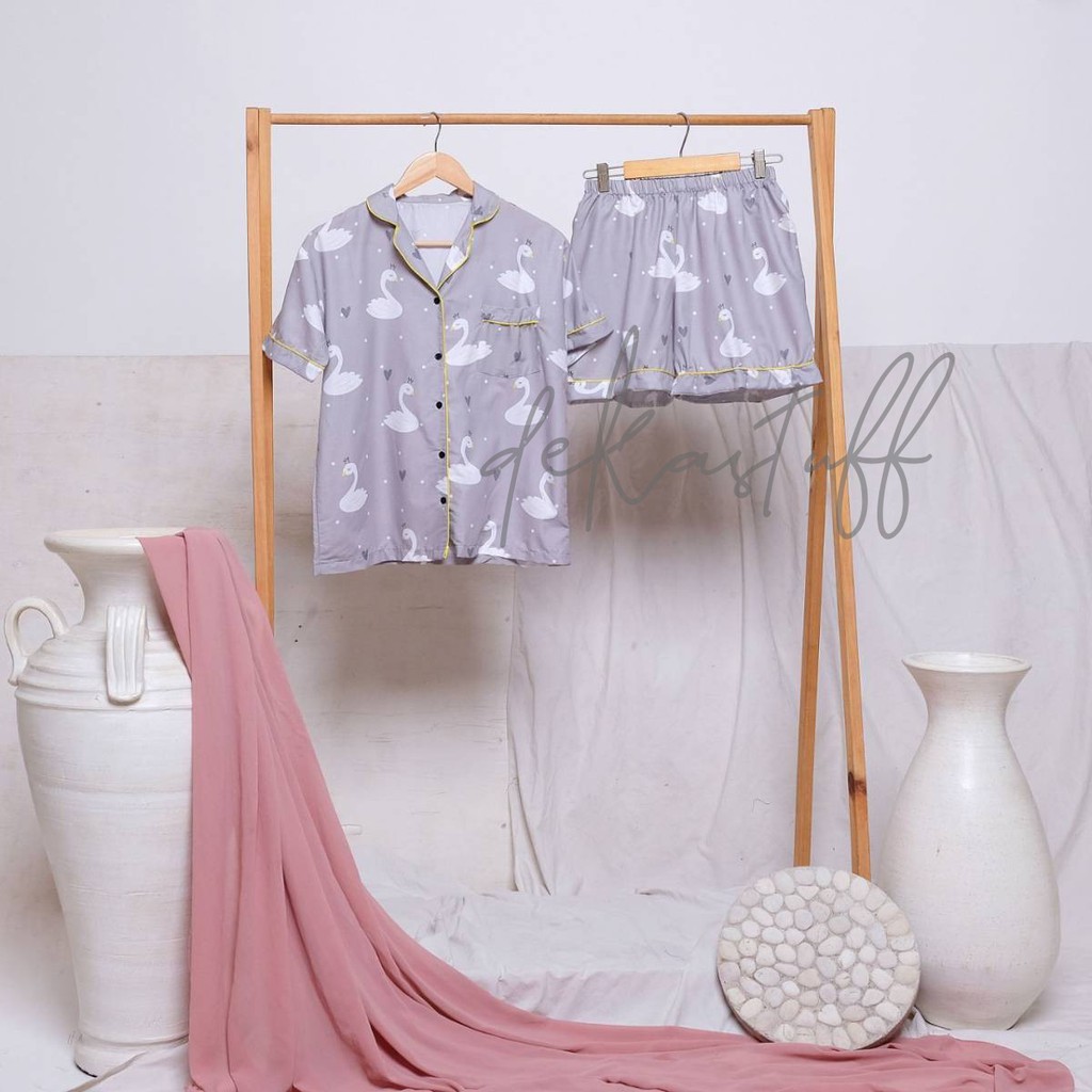 PIYAMA DEWASA / BAJU TIDUR DEWASA MOTIF SWAN PRINCESS GREY