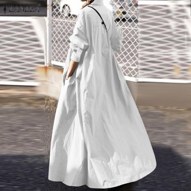 ZANZEA Women Casual Full Sleeve Retro Side Pockets Solid Long Dress