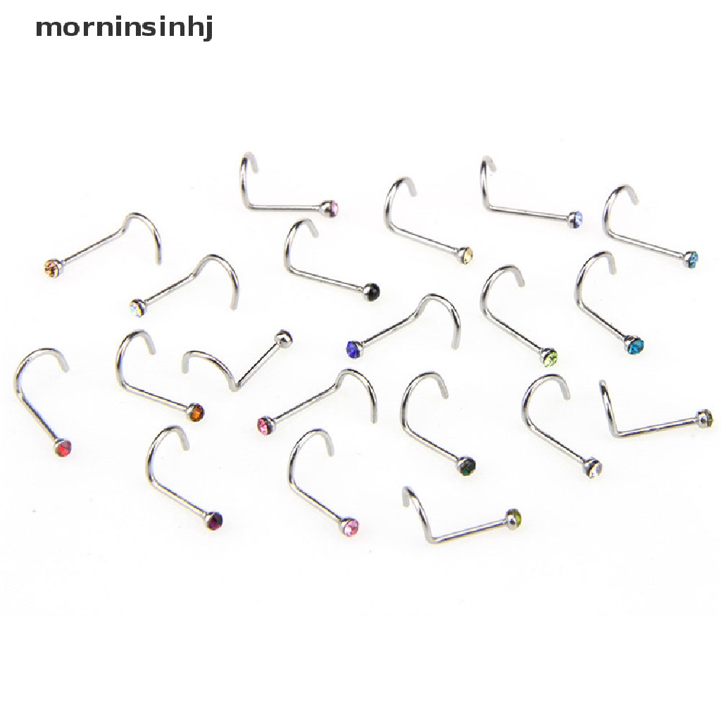 Mornin 20pcs / Set Cincin Tindik Hidung / Tubuh Bahan Stainless Steel Hias Kristal Berlian Imitasi