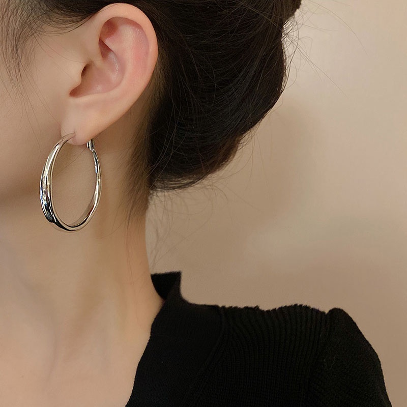 Anting Hoop S925 Silver Needle Bentuk Lingkaran Besar Untuk Wanita