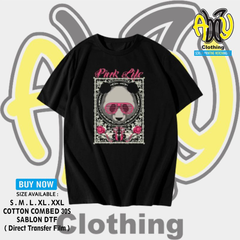 Kaos Baju Distro Pria StreetWear Panda Pink Life Katun Combed 30s Lengan Pendek Warna Hitam