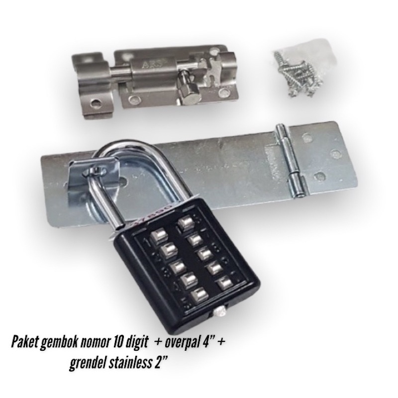 Paket gembok password 10digit + overpal 4” + grendel stainless 2inch