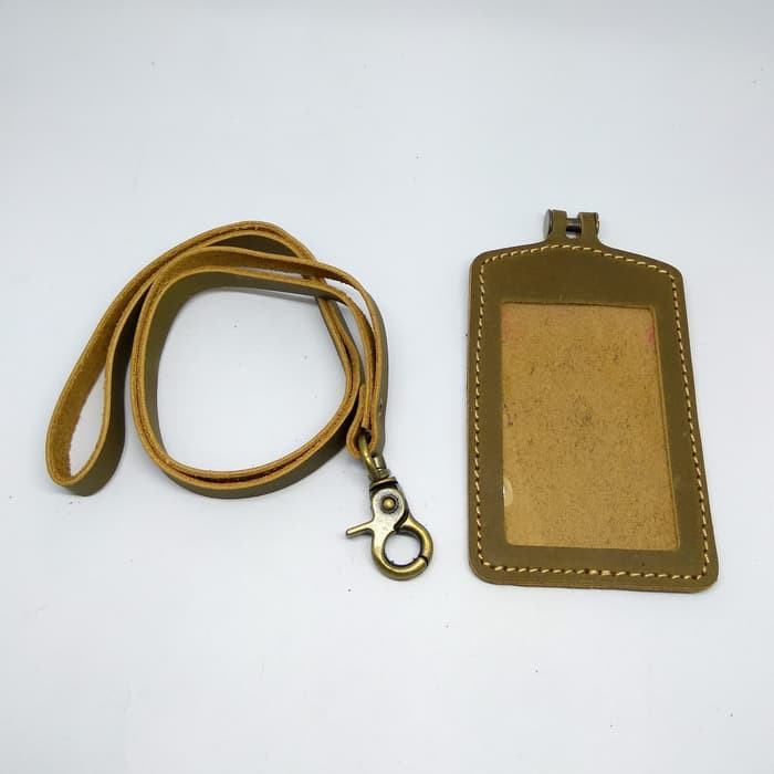 gantungan ID card kulit asli olive - tali id card holder - PHID236