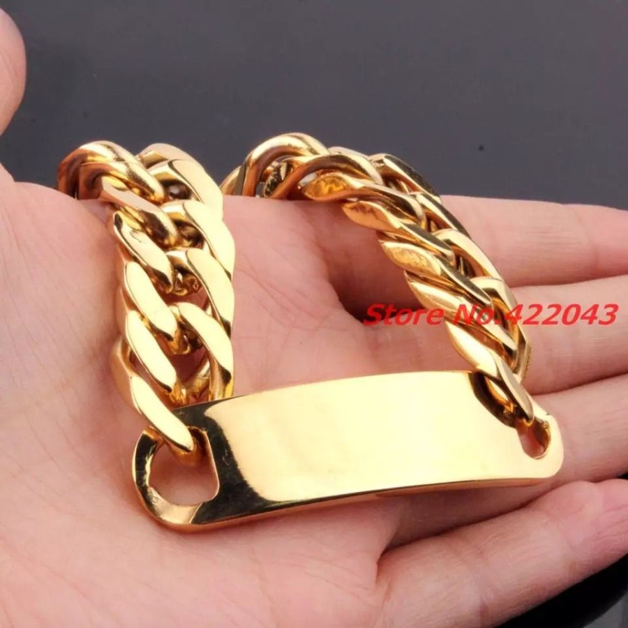 Gelang Pria Rantai Titanium Plat Warna Gold Emas Asli Original