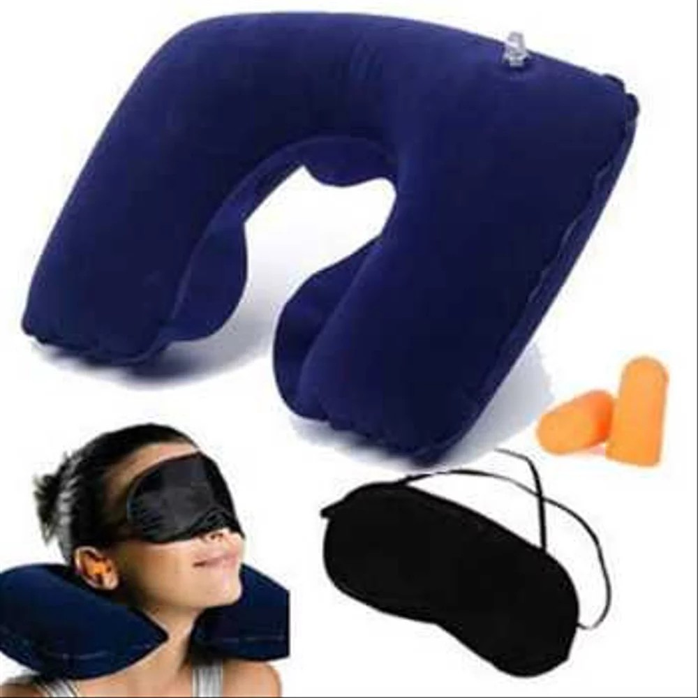 Bantal Leher Udara Penutup Mata Telinga Untuk Jalan 1set Travel Pillow