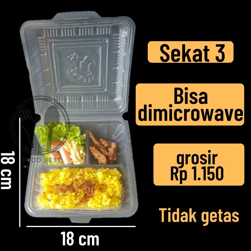 BENTO PLASTIK MICROWAVE MIKA SEKAT 3 KOTAK NASI SEKAT MEAL BOX LUNCH BOX CATERING BENTO 3 SEKAT + TUTUP / THINWALL BENTO SEKAT / BOX KOTAK NASI PLASTIK THINWALL BENTO 3 SEKAT FLAT PLASTIK FOOD CONTAINER KOTAK MAKAN TEMPAT PENYIMPANAN BOX BENTO SEKAT 3