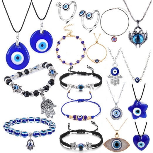 Kalung Dan Gelang Liontin Evil Eye Warna Biru Adjustable Untuk Pria Dan Wanita