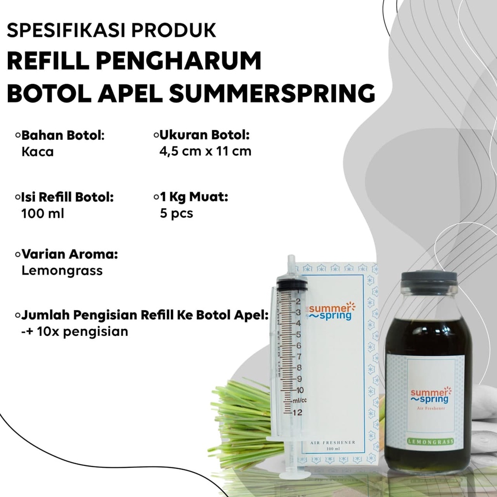 Parfum Mobil Pengharum Ruangan Pewangi Kamar Tidur Harum Summer Spring | Refill Apel | Lemon Grass