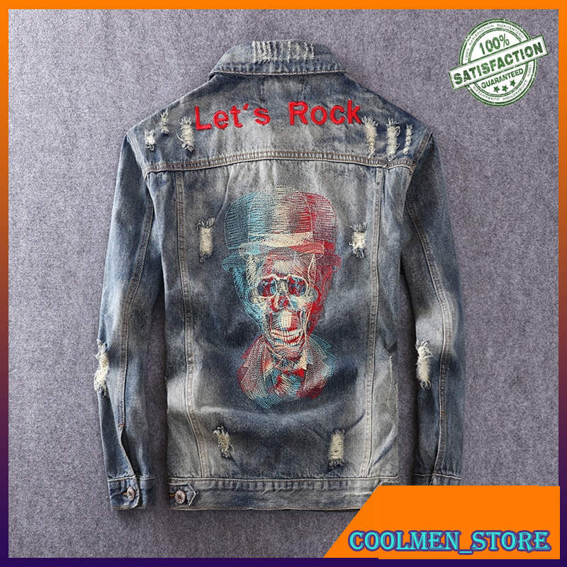 Jaket Jeans Pria / Jaket Denim Pria Fashion Streetwear Men Jacket Skull Embroidery Designer Punk