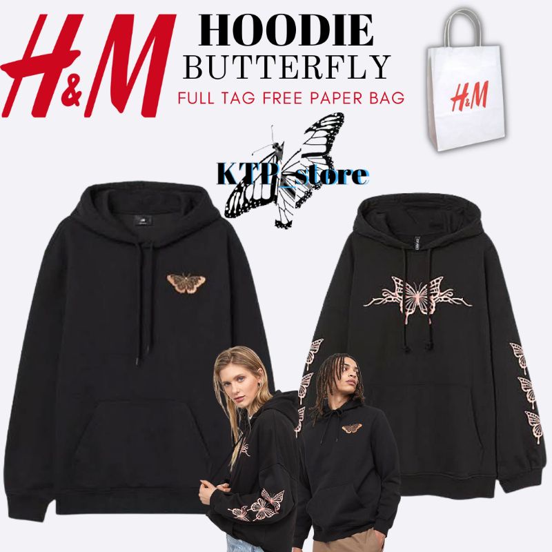 SWEATER HOODIE BUTTERFLY HITAM FULL TAG FREE PAPER BAG H&M JAKET SWEATER PRIA WANITA HOODIE HNM BUTT