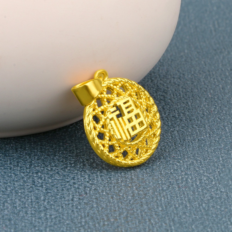 Kalung Emas Asli Kadar 375 Dengan Liontin Karakter Fu Hollow Gaya China Untuk Pria Dan Wanita