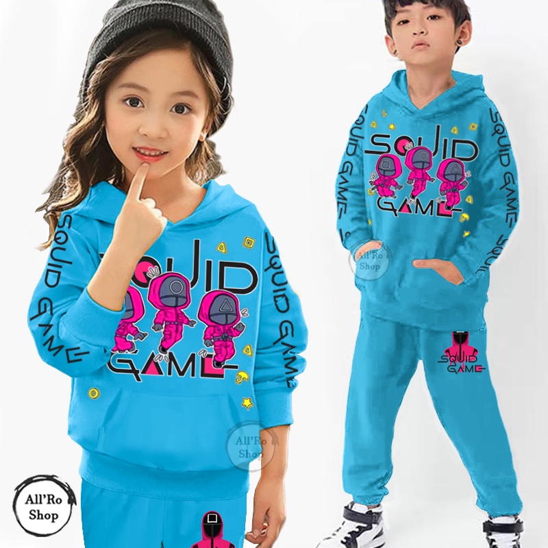 COD Baju Setelan Hoodie Anak Remaja ABG UNISEX Olahraga Senam Lengan Panjang Motif Squid Game Karakter Chibi Kukuma Usia 1 sampai 13 tahun ARS 64