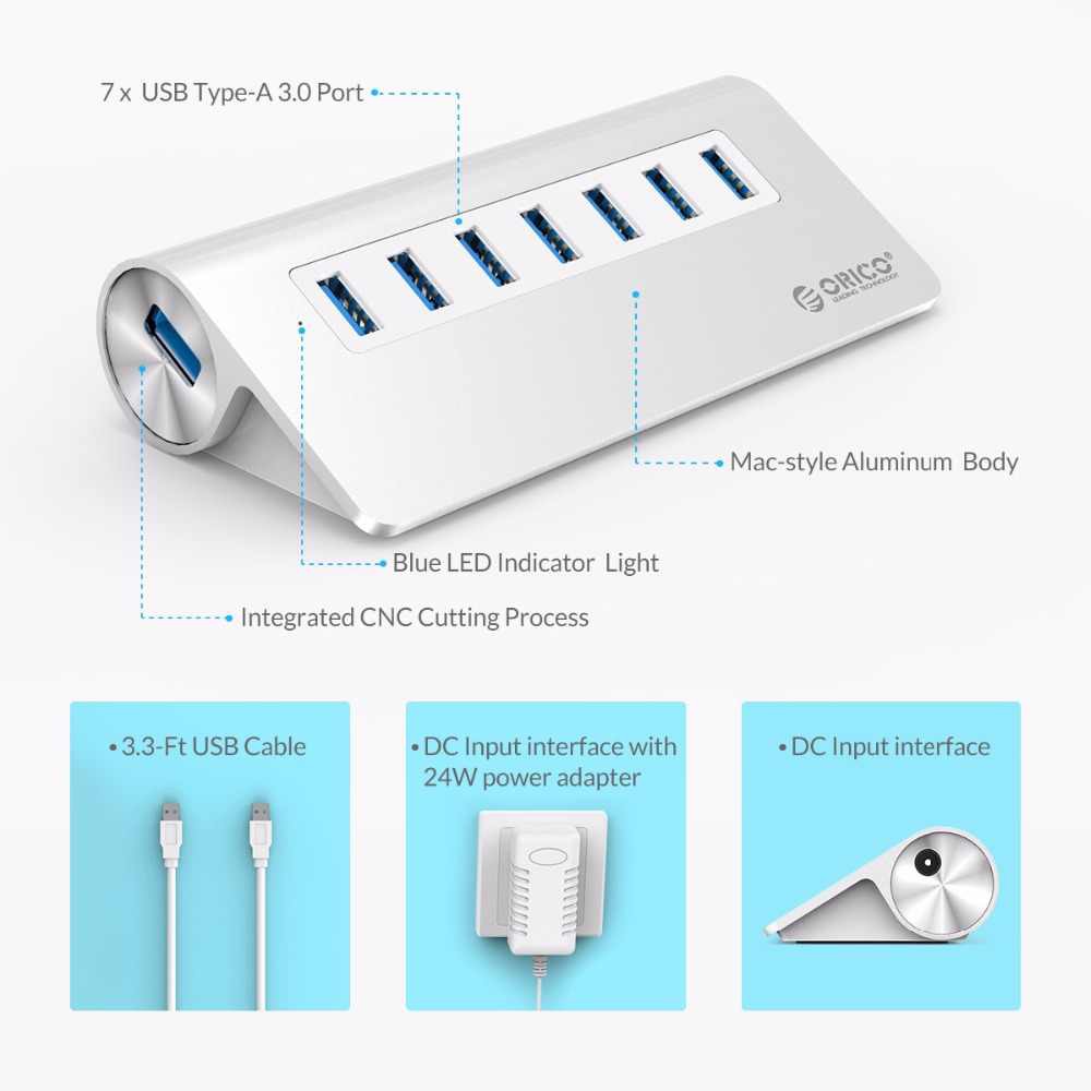 Usb 3.0 hub orico 7 port aluminium 5gbps adapter for laptop pc mac m3h7 - terminal usb3.0 7 slot adaptor