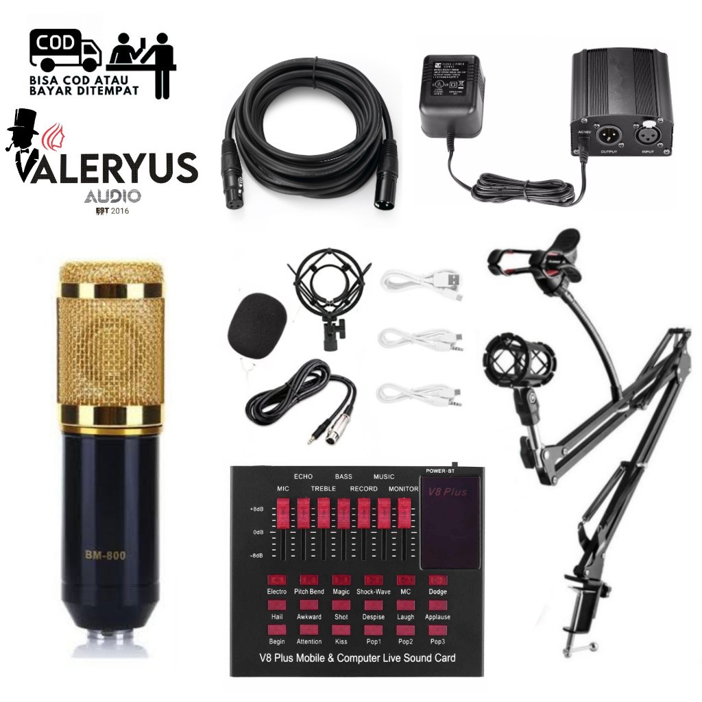 Microphone Condenser Bm 800 + Soundcard V8plus + Phantom Power 48v + Stand Arm smartphone holder + X