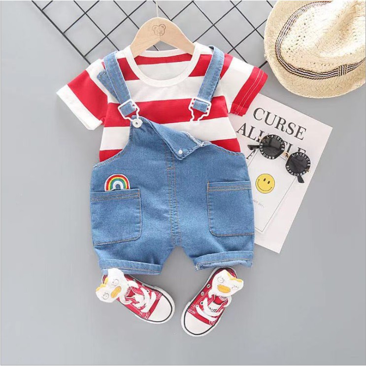 Setelan kaos dan overall bayi anak /baju setelan anak  /pakaian anak motif stripes kualitas premium