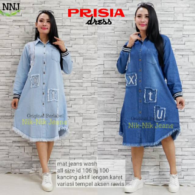 Tunik Jeans Wash Kancing Aktif Lengan Karet Variasi Tempel Aksen Bawah Rawis