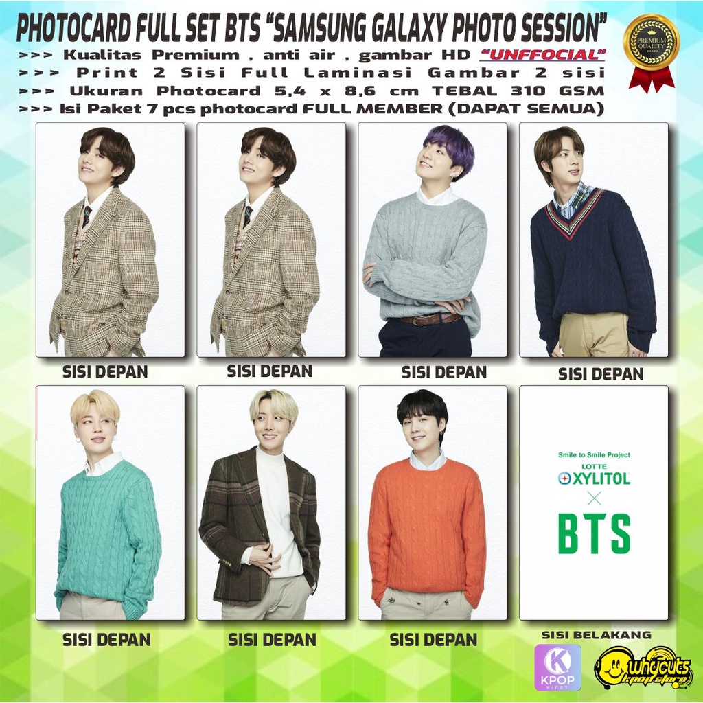 PHOTOCARD FULL SET PREMIUM BTS / SAMSUNG GALAXY PHOTO SESSION / LOTTE XLITOL / PRINT 2 SISI FULL LAMINASI GLOSSY / ISI FULL SET SEMUA MEMBER