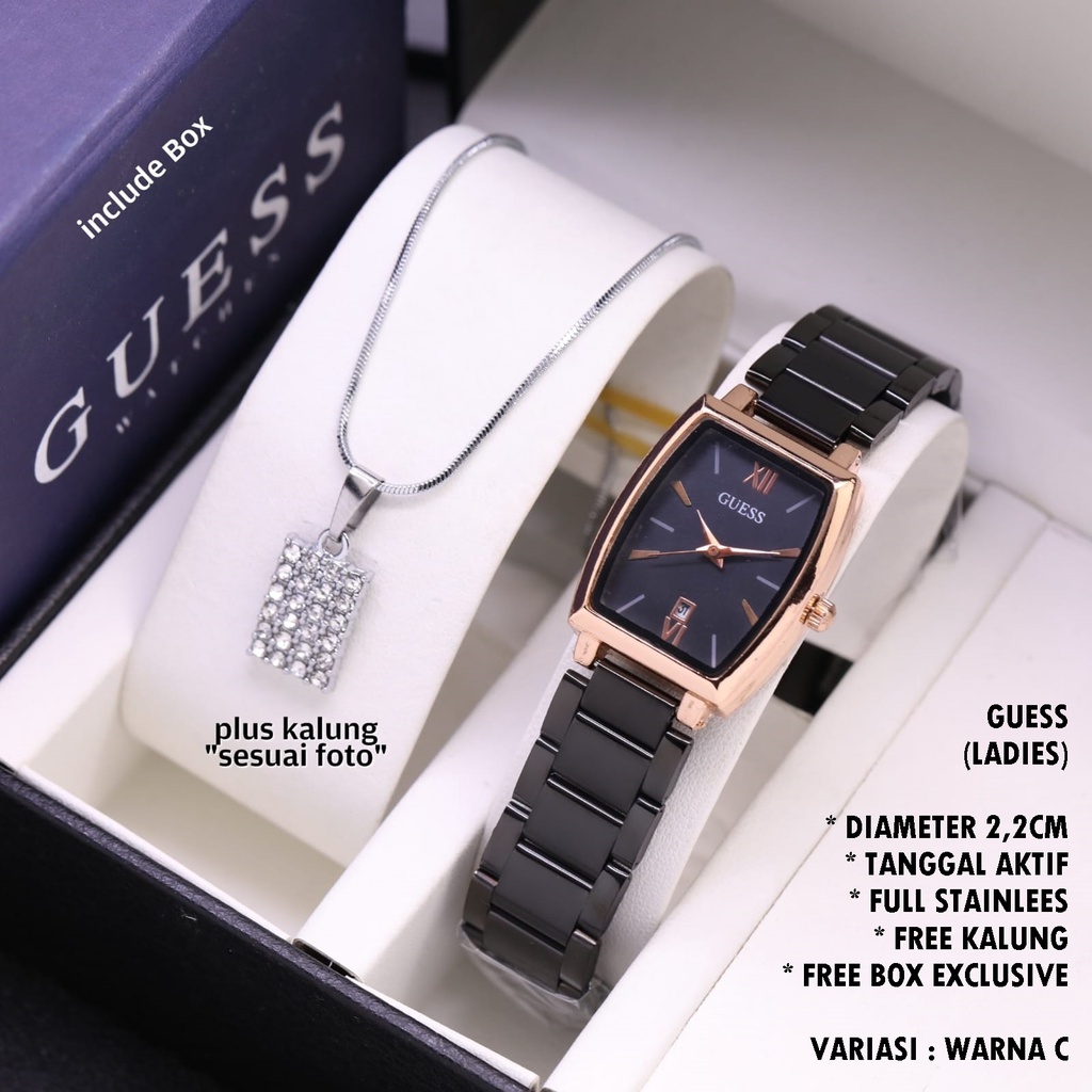 (FREE BOX) JAM TANGAN WANITA GUESS RANTAI BODY OVAL TANGGAL AKTIF FREE KALUNG